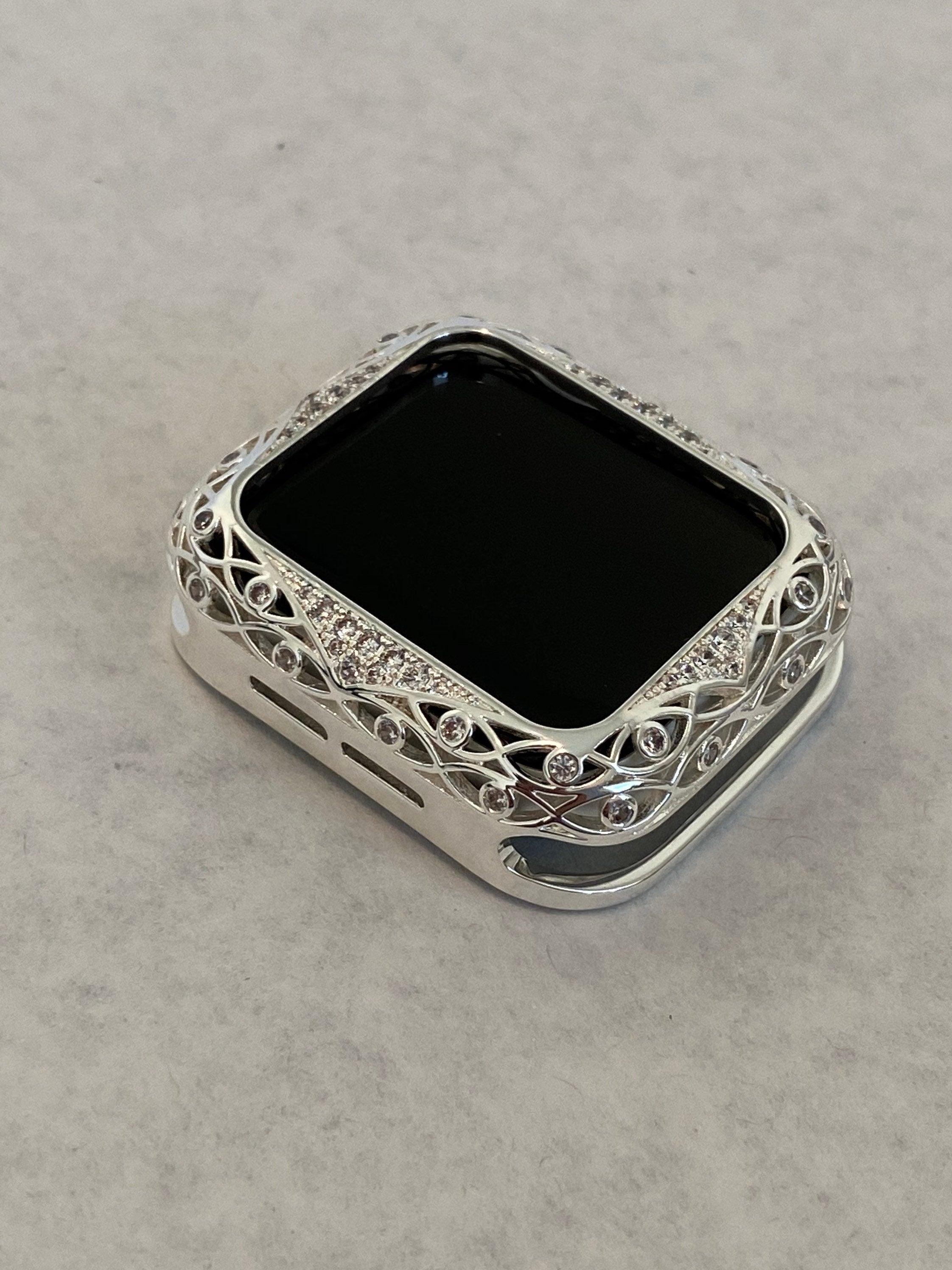 Series 2-9 Apple Watch Cover Silver Lace Design Metal Protective Bumper Apple Watch Case Swarovski Crystal 38 40 42 44mm Custom Iwatch Candy