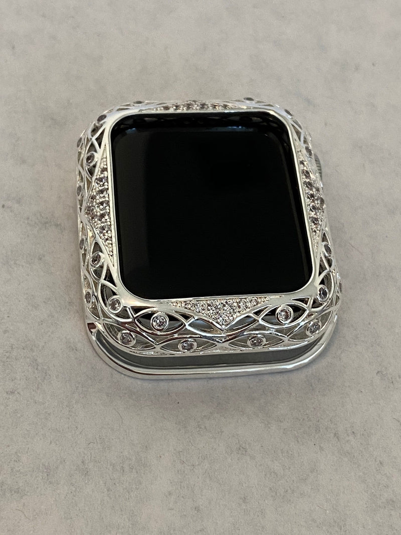 Series 2-8 Apple Watch Bezel Cover Silver Lace Design Metal Case with Inset Rhinestones 38 40 42 44mm Custom Handmade