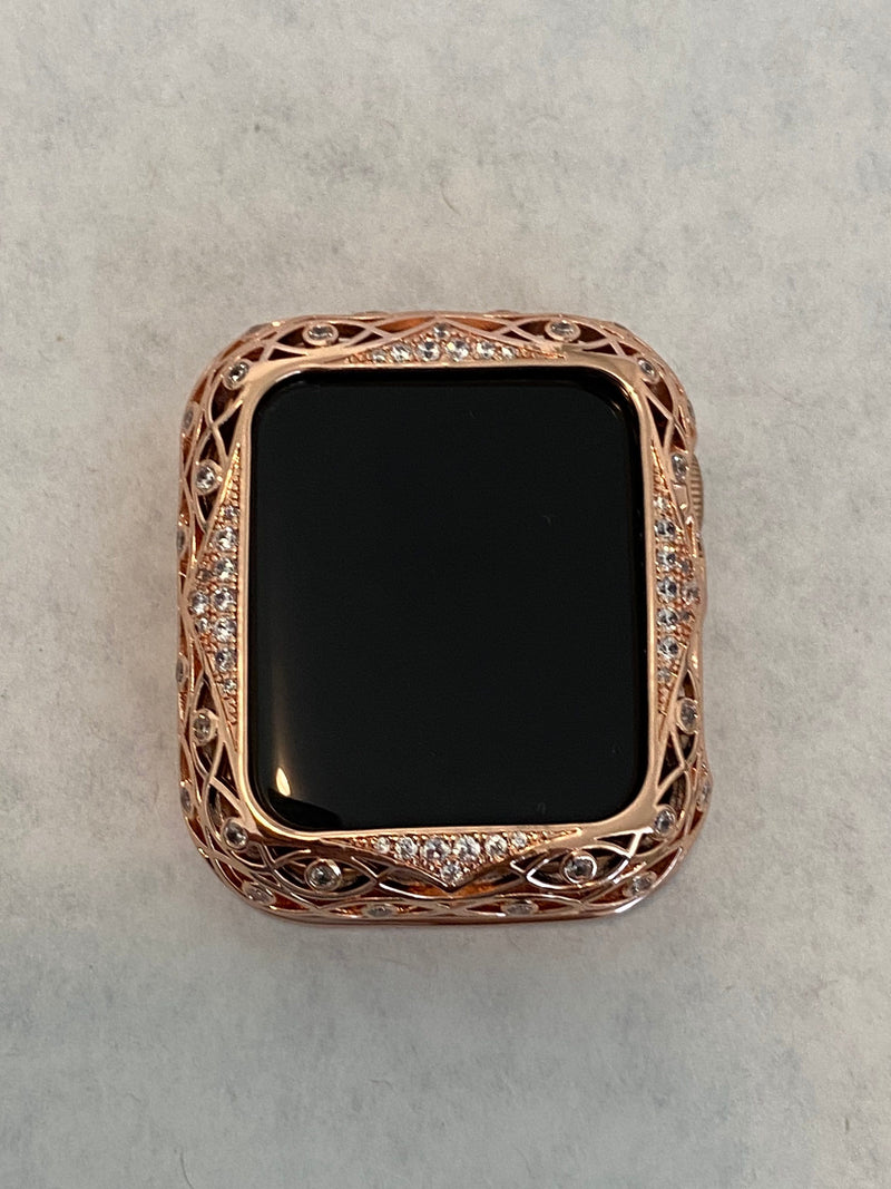 Custom Apple Watch Bezel Cover Rose Gold Metal Case Lace Design with Swarovski Crystals 38mm 40mm 42mm 44mm Series 7-8 Protective Bumper