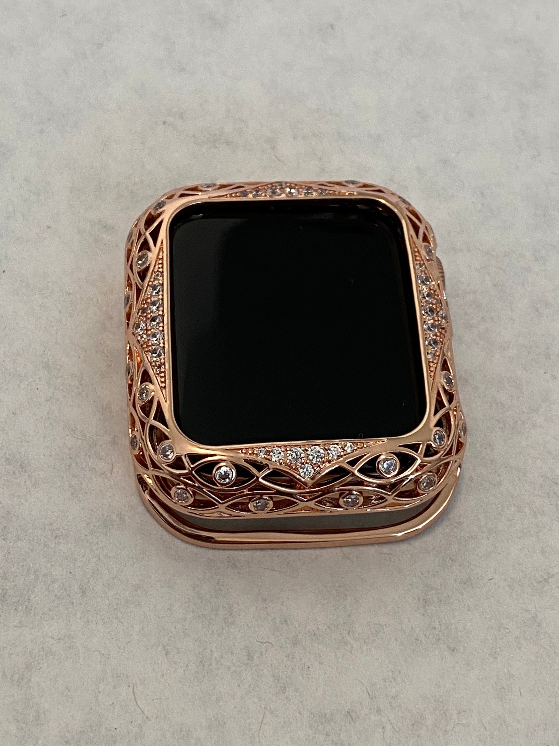 Custom Apple Watch Bezel Cover Rose Gold Metal Case Lace Design with Swarovski Crystals 38mm 40mm 42mm 44mm Series 7-8 Protective Bumper