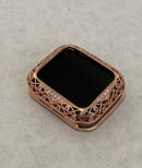 Custom Apple Watch Bezel Cover Rose Gold Metal Case Lace Design with Swarovski Crystals 38mm 40mm 42mm 44mm Series 7-8 Protective Bumper