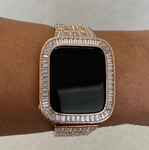 Rose Gold Apple Watch Lab Diamond Bezel Cover Baguette Smartwatch Bumper Bling Series 1-8 SE 38mm 40mm 41mm 42mm 44mm 45mm