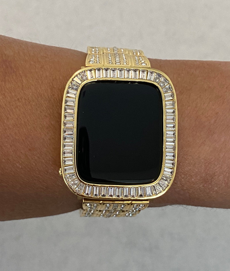 Series 1-8 Apple Watch Bezel Bumper Cover 41mm 45mm Gold Metal Baguette Iwatch Case Bling Series 38-45mm Smartwatch Bumper