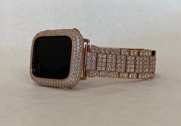 Custom Apple Watch Band Rose Gold 38mm 40mm 42mm 44mm and or Lab Diamond Bezel Cover 41mm 45mm Bling