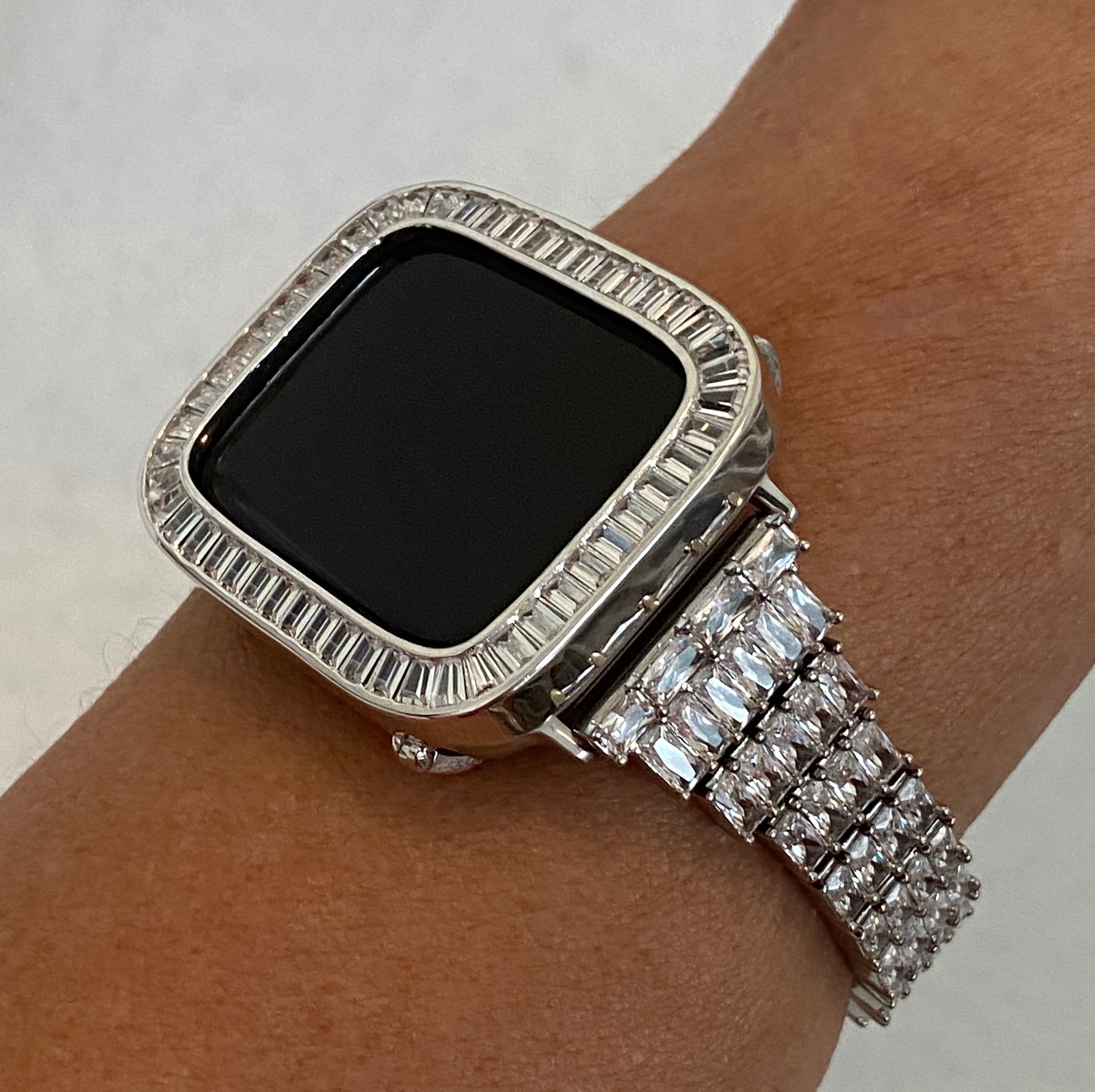 Designer Silver Apple Watch Band Womens Style with Baguette Swarovski Crystals  & or Apple Watch Case Cover with Baguette Lab Diamonds, 41mm 45mm Series 8 Iwatch Candy