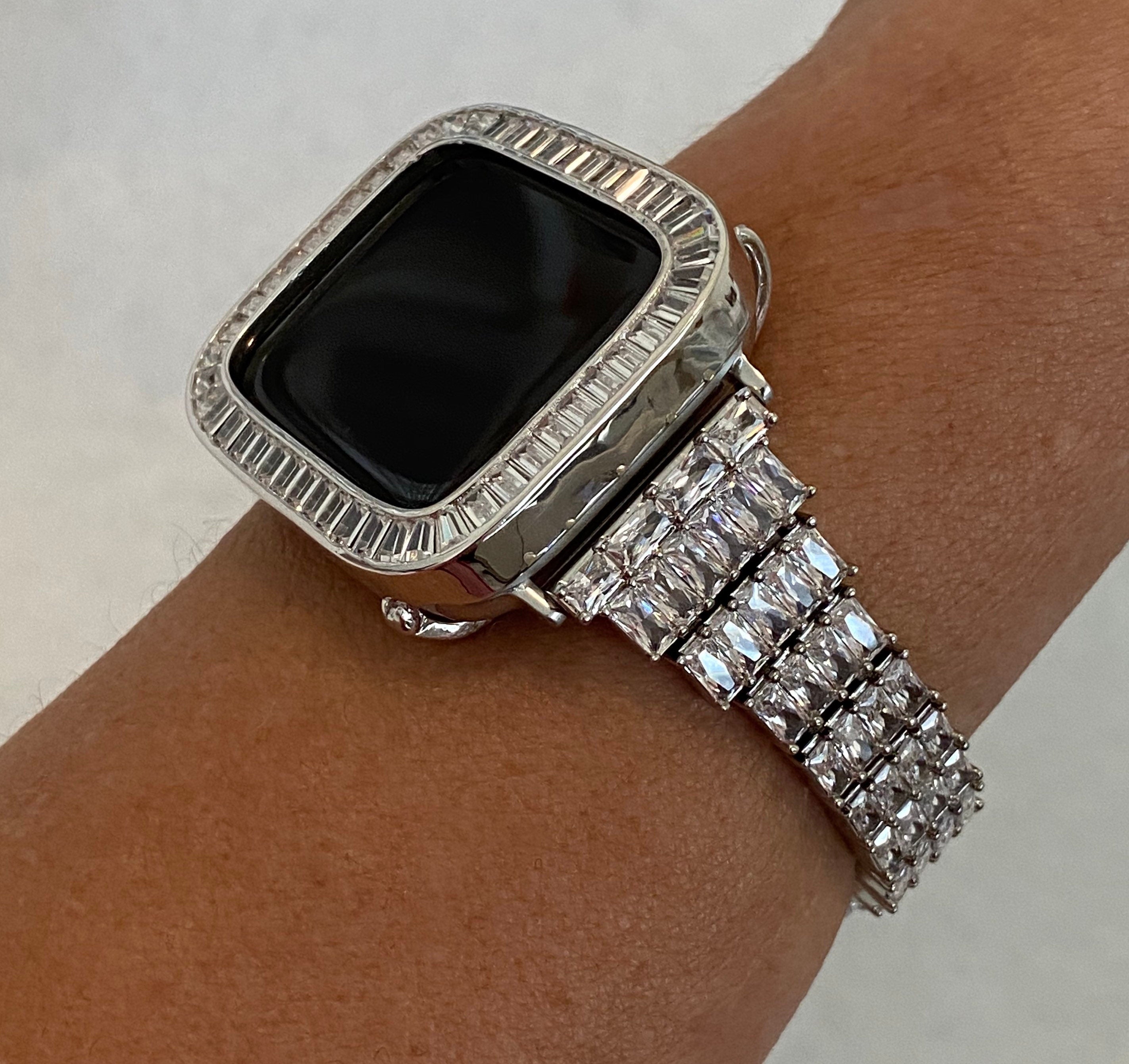 Iwatch Candy 41mm Silver Apple Watch Band Womens Style with Baguette Swarovski Crystals  & or Apple Watch Case Cover with Lab Diamonds 45mm Series 8