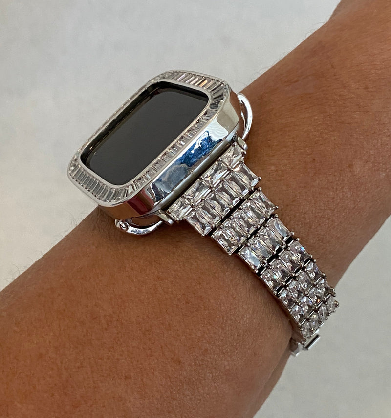 Series 1-8 Iced Out Apple Watch Band 41mm 45mm Swarovski Crystals & or Silver Baguette Lab Diamond Bezel Cover Iwatch Bling