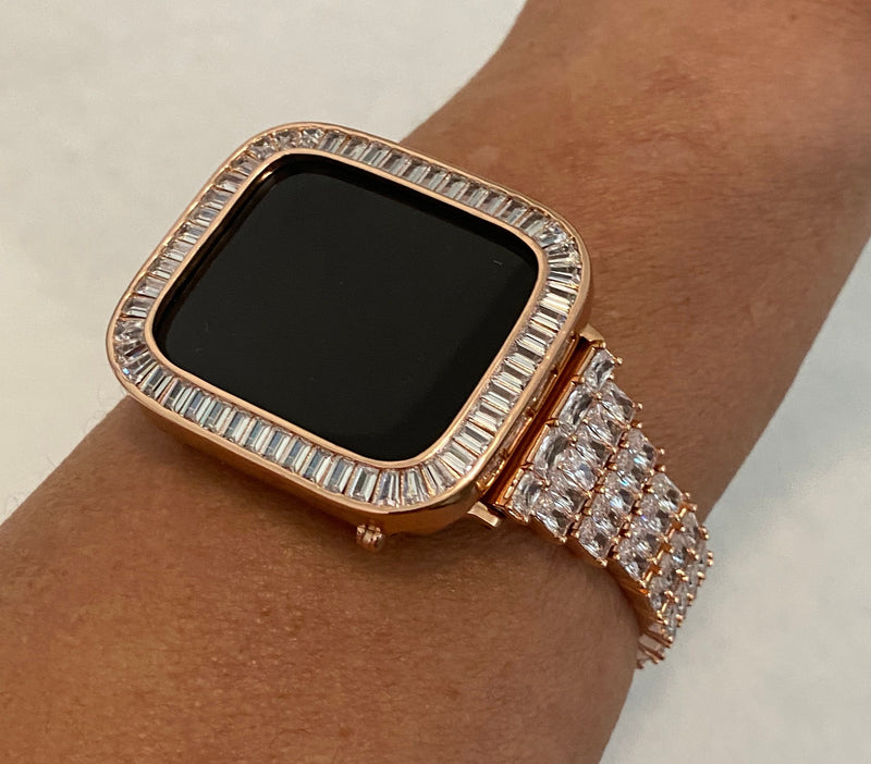 Series 1-8 Apple Watch Band Rose Gold Baguette Swarovski Crystals & or Lab Diamond Bezel Cover 38mm-45mm Smartwatch Bumper