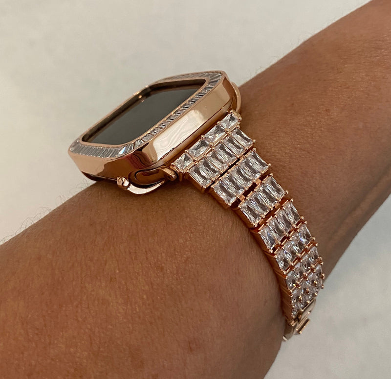 Custom Rose Gold Apple Watch Band Women 38mm-45mm & or Baguette Lab Diamond Bezel Apple Watch Cover Iwatch Bling Series 8 Custom Handmade