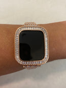 Custom Rose Gold Apple Watch Band Women 38mm-45mm & or Baguette Lab Diamond Bezel Apple Watch Cover Iwatch Bling Series 8 Custom Handmade