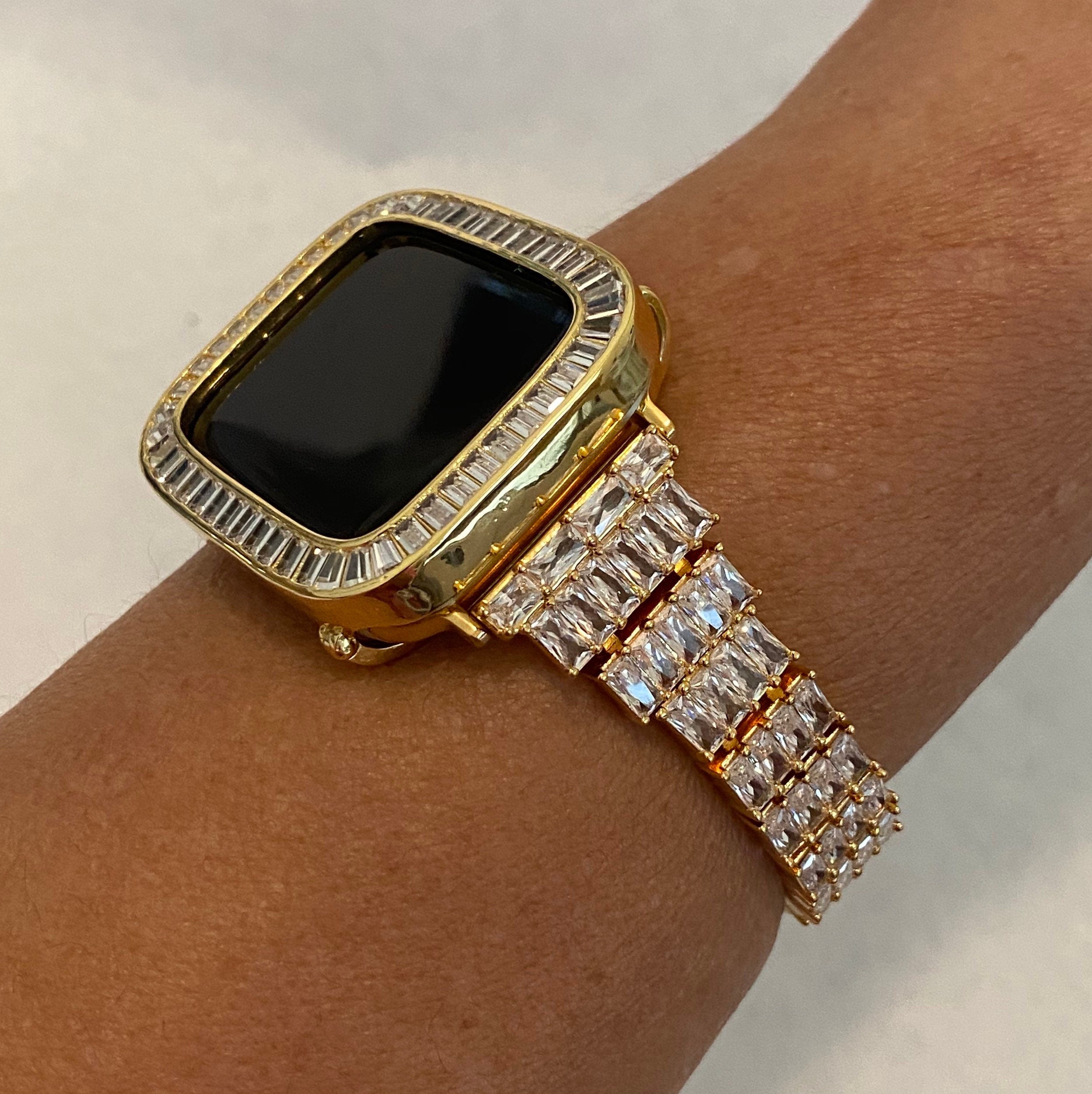 Gold Apple Watch Band Women 38 40 41 42 44 45mm Crystals & or Bezel Cover Lab Diamonds Series 2-9 SE