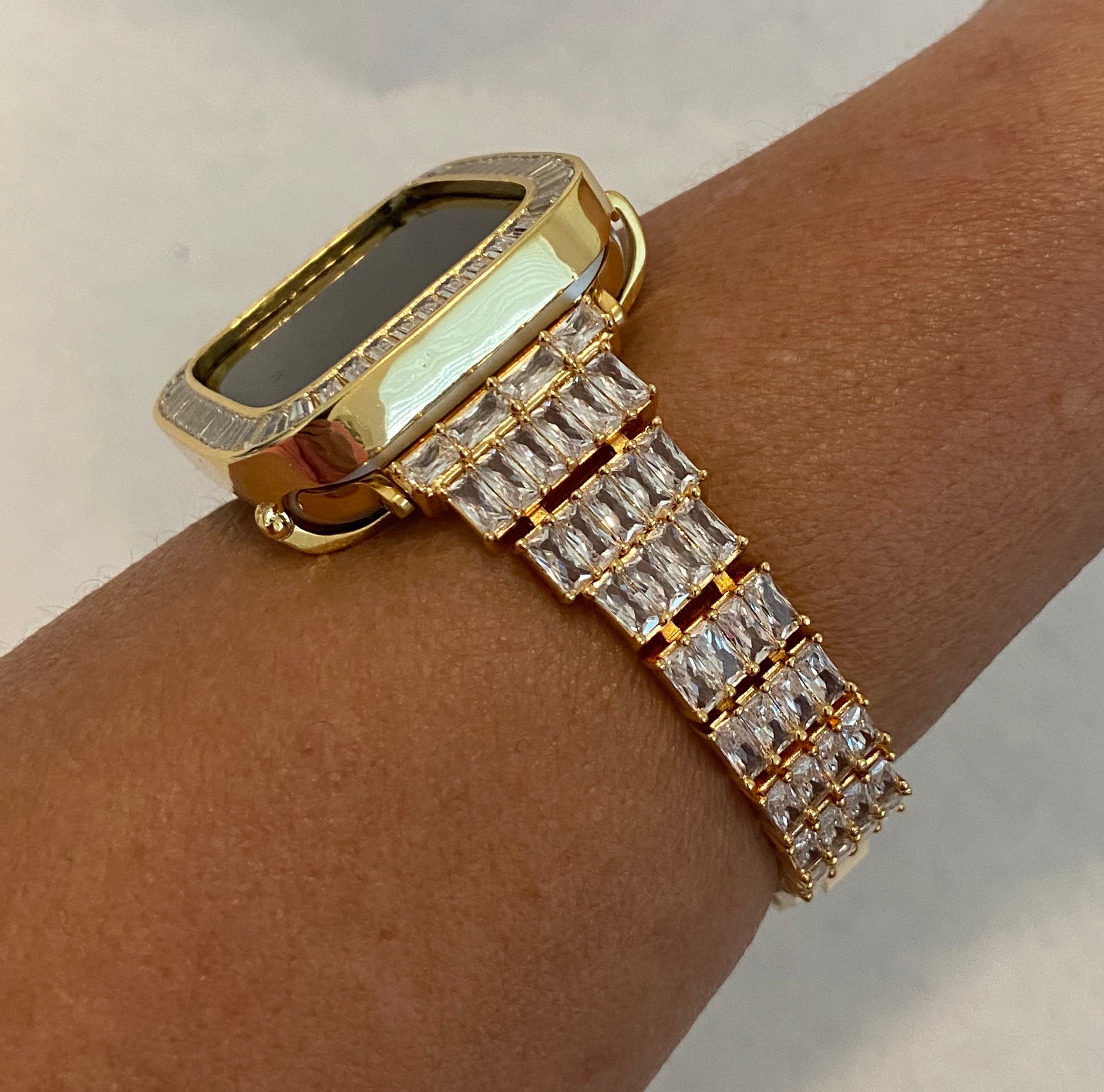 Gold Apple Watch Band Women 38 40 41 42 44 45mm Crystals & or Bezel Cover Lab Diamonds Series 2-9 SE