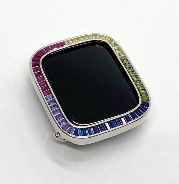 41mm 45mm Rainbow Apple Watch Cover with Large Swarovski Crystals in sizes 40mm 44mm set in Silver 14k White Gold Lab Diamond Iwatch Case Series 2-8
