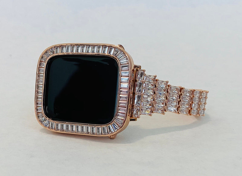 38 40 41 42 44 45mm Rose Gold Apple Watch Band Womens & or Baguette Lab Diamond Bezel Cover Iwatch Bling Series 8 Custom Handmade