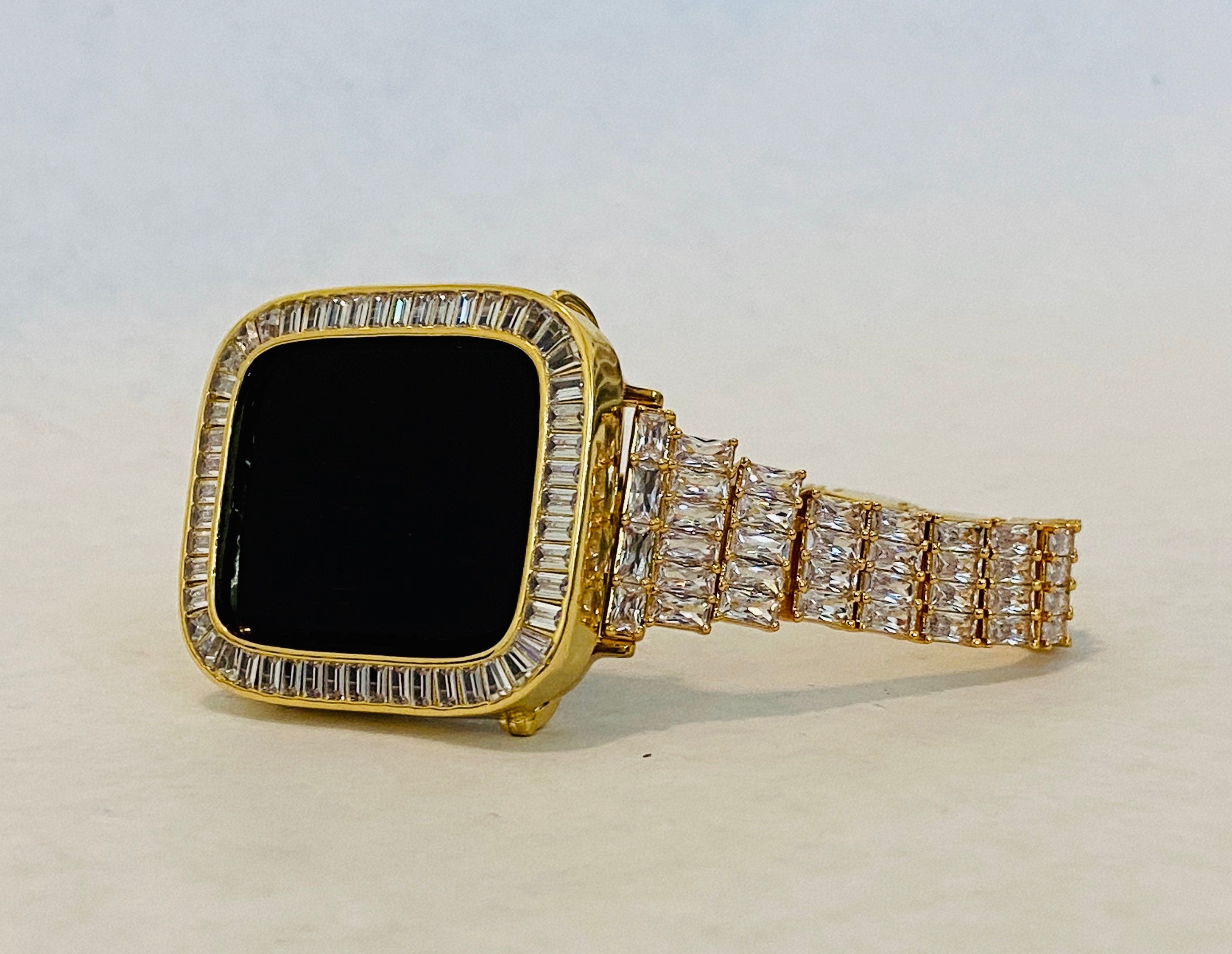 Gold Apple Watch Band Women 38 40 41 42 44 45mm Crystals & or Bezel Cover Lab Diamonds Series 2-9 SE