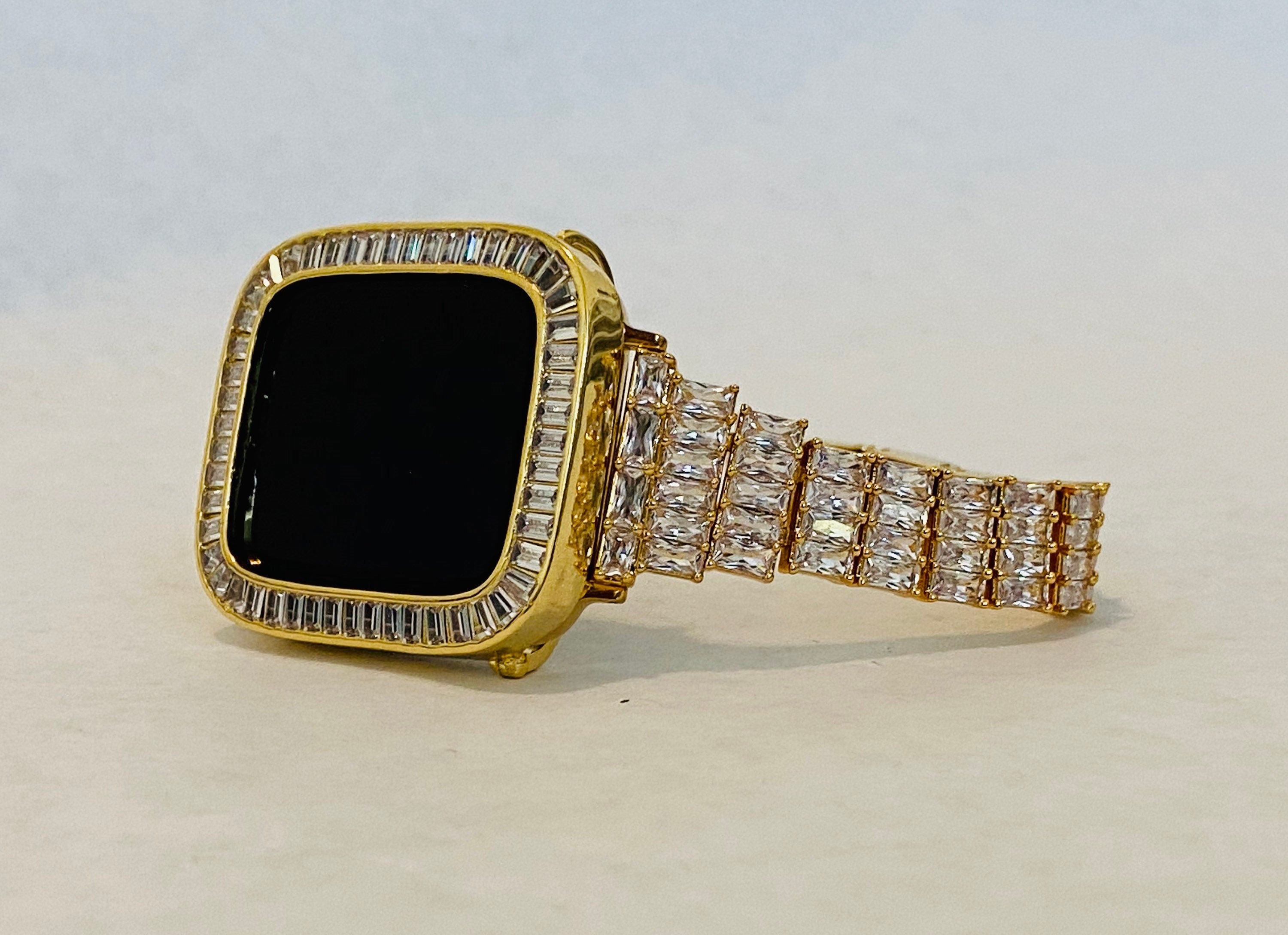 Gold Apple Watch Band Women 38 40 41 42 44 45mm Crystals & or Bezel Cover Lab Diamonds Series 2-9 SE