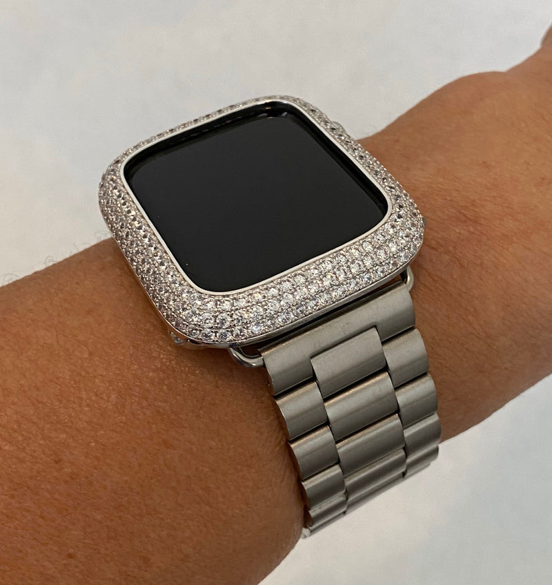 Series 108 Apple Watch Band Silver Rolex Style and or Lab Diamond Bezel Cover 38mm 40mm 41mm 42mm 44mm 45mm