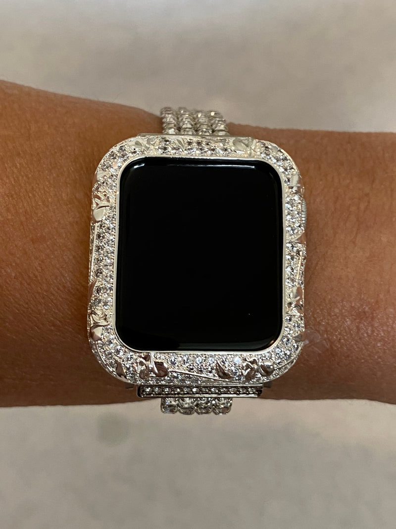 Womens Swarovski Crystal Apple Watch Cover Silver, Floral Smartwatch Protective Bumper Bling 38mm 40mm 41mm 42mm 44mm 45mm Series 7,8 by Iwatch Candy