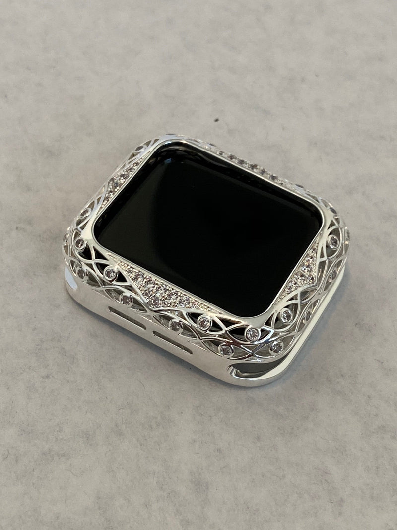 Silver Apple Watch Bezel Cover with Swarovski Crystals in a Lace Design Protective Metal Bumper Case sizes 38 40 42 44mm Custom Handmade by Iwatch Candy