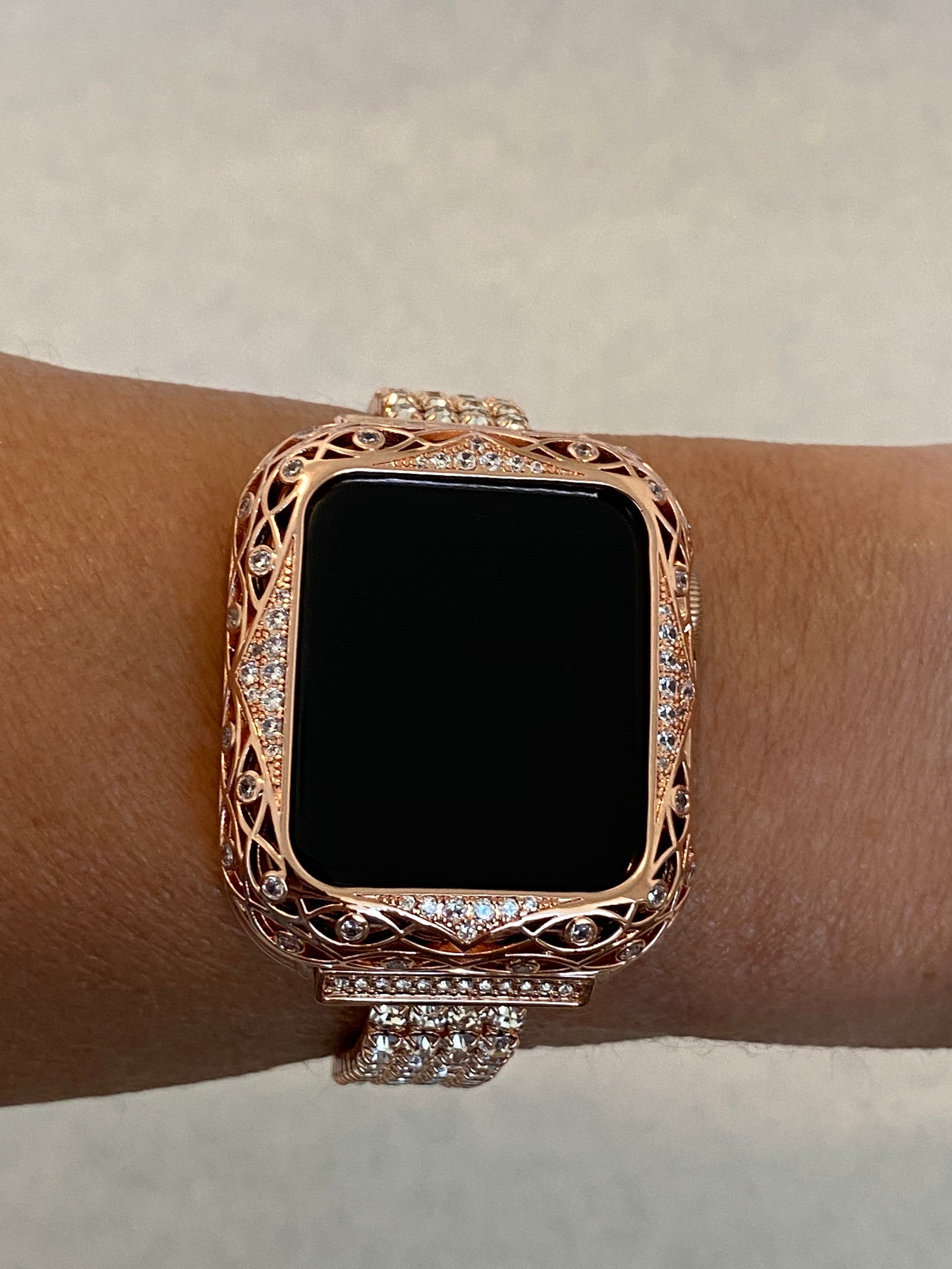 Custom Apple Watch Bezel Cover Rose Gold Metal Case Lace Design with Swarovski Crystals 38mm 40mm 42mm 44mm Series 7-8 Protective Bumper