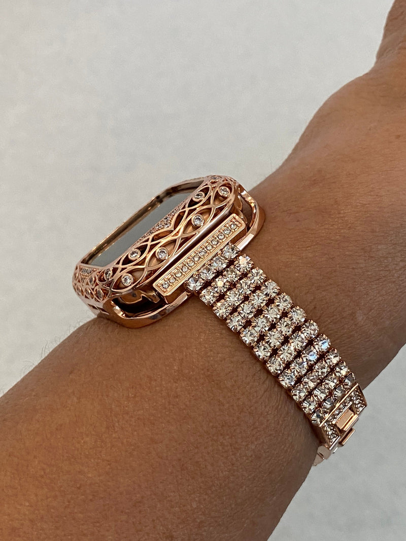 Series 2-8 Apple Watch Band Women Rose Gold Swarovski Crystals & or Lab Diamond Bezel Cover 38mm 40mm 41mm 42mm 44mm 45mm Smartwatch Bumper