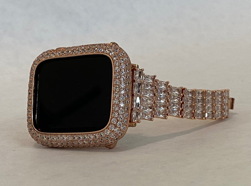 Rose Gold Apple Watch Band Swarovski Crystal Baguettes 38mm-49mm Ultra & or Apple Watch Cover Lab Diamond Bezel Case Smartwatch Bumper Bling