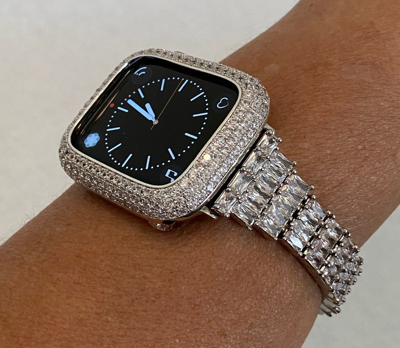 Iced Out Apple Watch Band 40mm Women Silver with Baguette Swarovski Crystals & or Apple Watch Cover Pave Bezel Cover Lab Diamonds 41mm 44mm 45mm 49mm Ultra Series 1-8