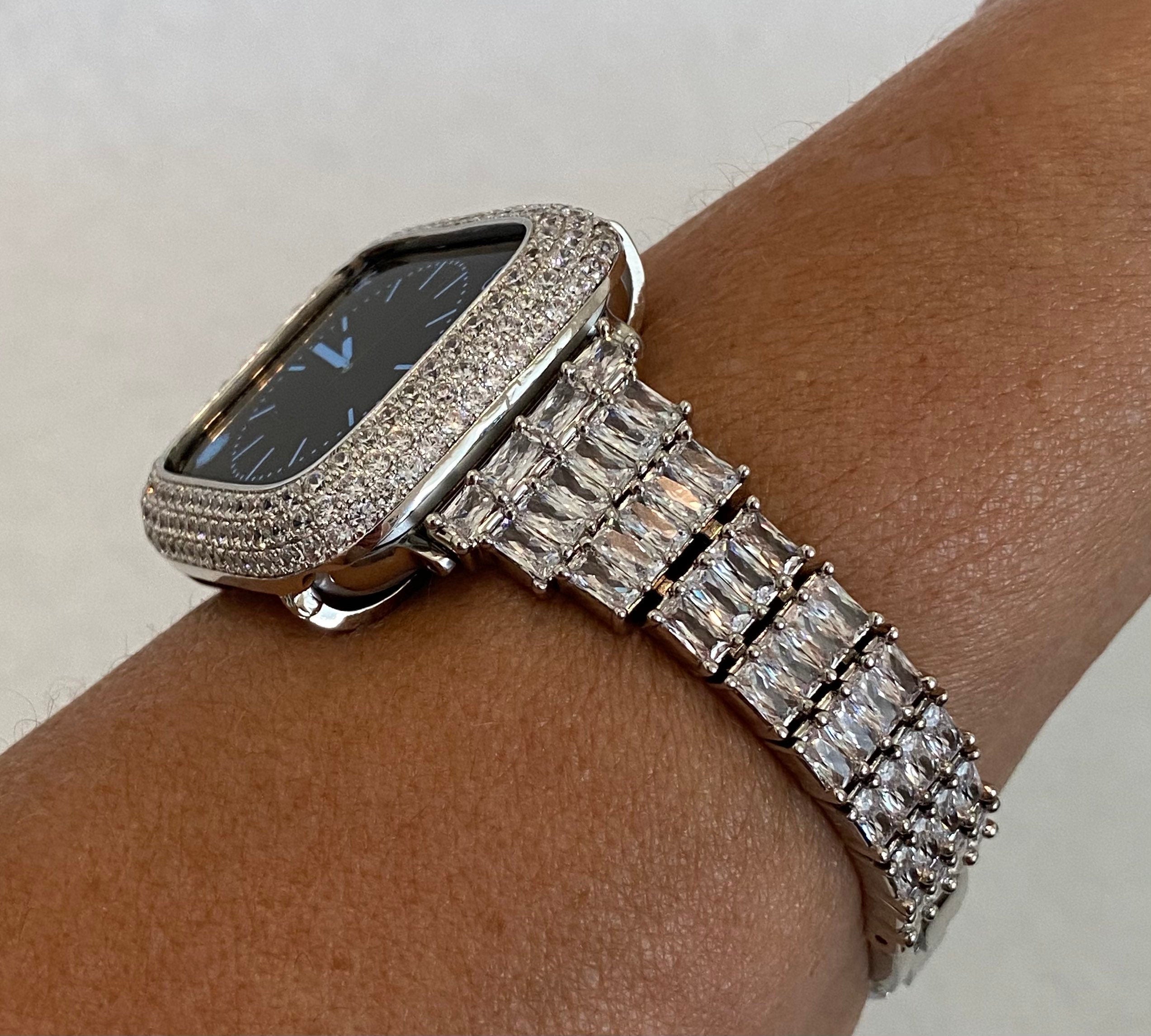 Designer Apple Watch Band Womens Silver Swarovski Crystals & or Apple Watch Case Lab Diamond Bezel Apple Watch Case 38mm - 49mm Ultra Bling