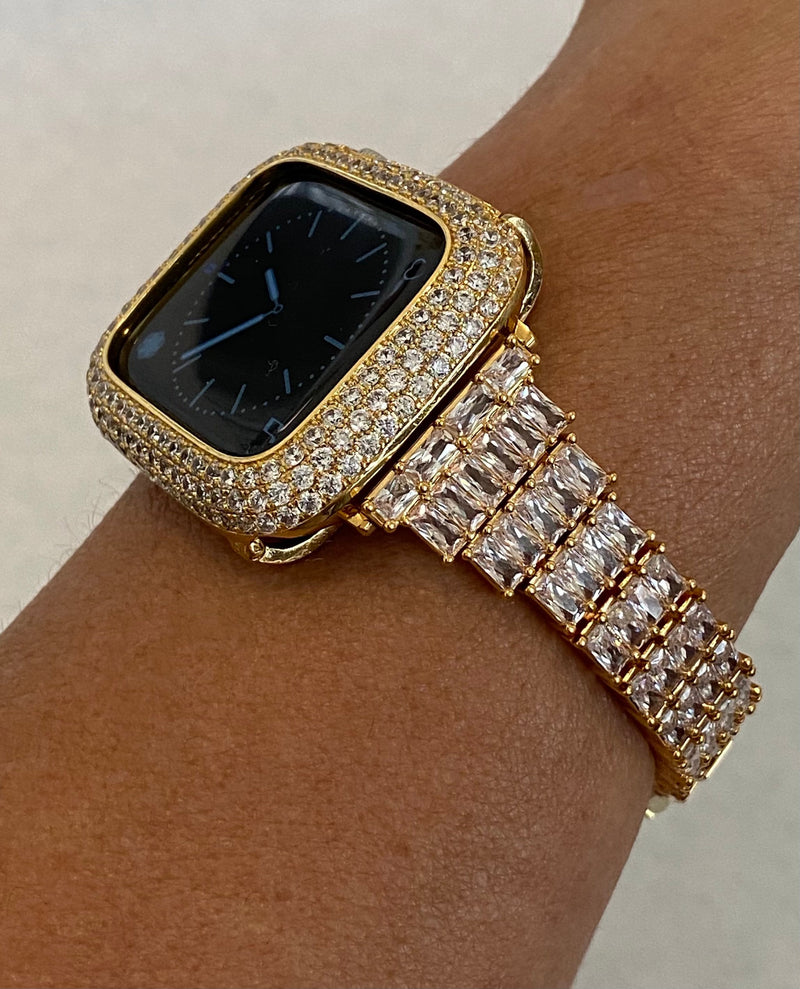 Series 1-8 Apple Watch Band Gold Swarovski Crystals & or Lab Diamond Bezel Case Smartwatch Bumper Bling 38mm-45mm