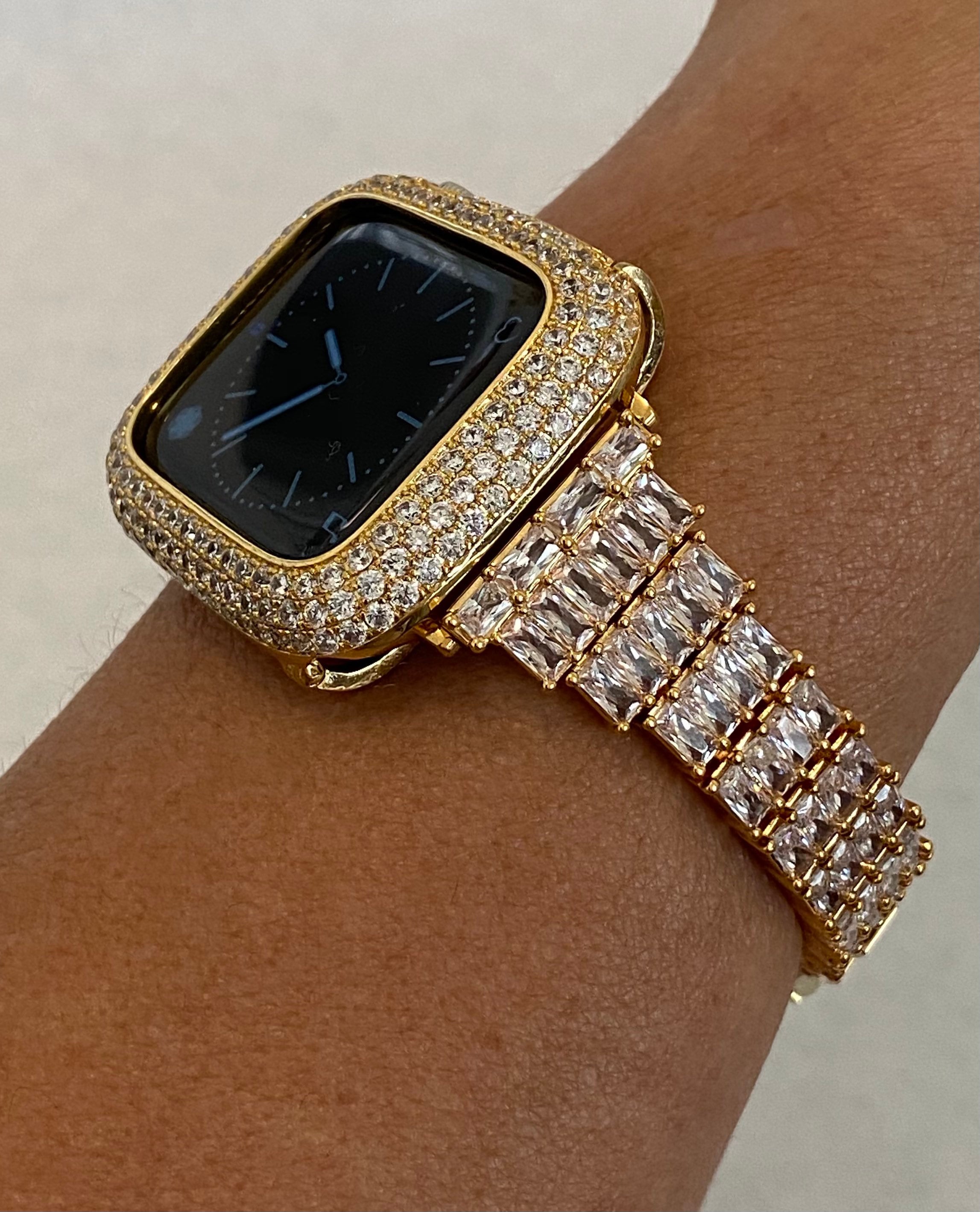 Bling Apple Watch Band Gold Women Crystal 41mm 45mm 49mm Ultra & or Apple Watch Case Lab Diamond Bezel Apple Watch Cover Bling