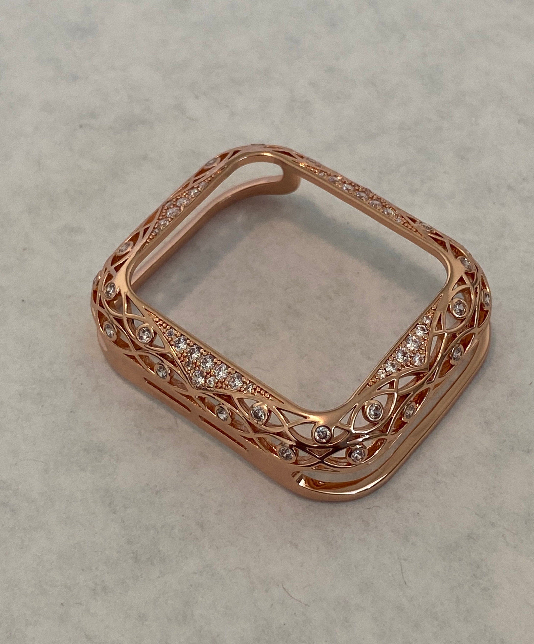 41mm 45mm Rose Gold Apple Watch Bezel Bumper Swarovski Crystals, Smartwatch Case Cover Lace 38mm 40mm 42mm 44mm