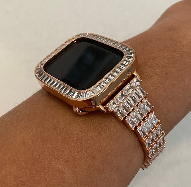 38 40 41 42 44 45mm Rose Gold Apple Watch Band Womens & or Baguette Lab Diamond Bezel Cover Iwatch Bling Series 8 Custom Handmade