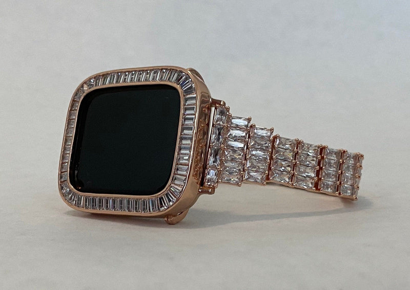 Custom Rose Gold Apple Watch Band Women 38mm-45mm & or Baguette Lab Diamond Bezel Apple Watch Cover Iwatch Bling Series 8 Custom Handmade