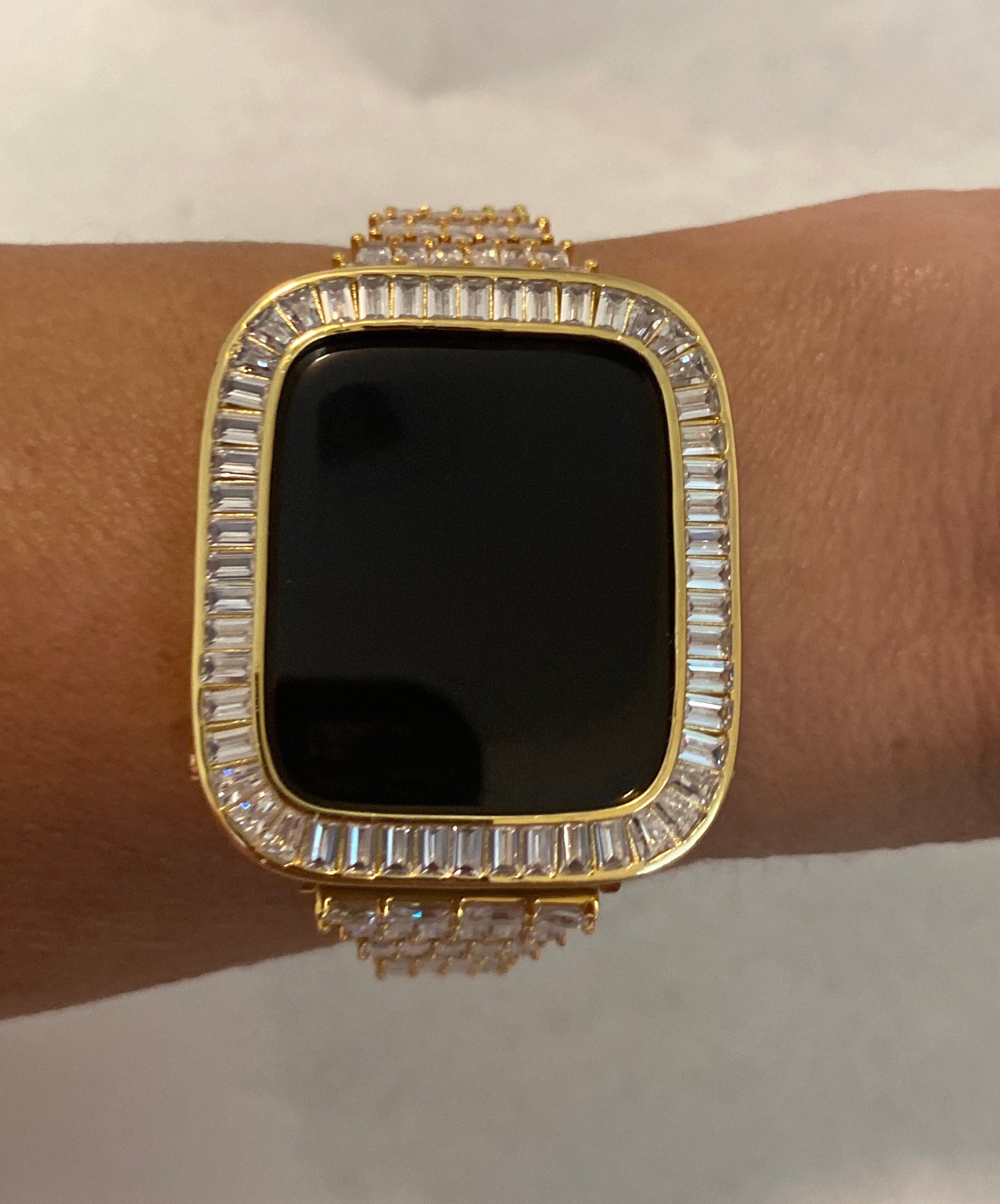 Gold Apple Watch Band Women 38 40 41 42 44 45mm Crystals & or Bezel Cover Lab Diamonds Series 2-9 SE