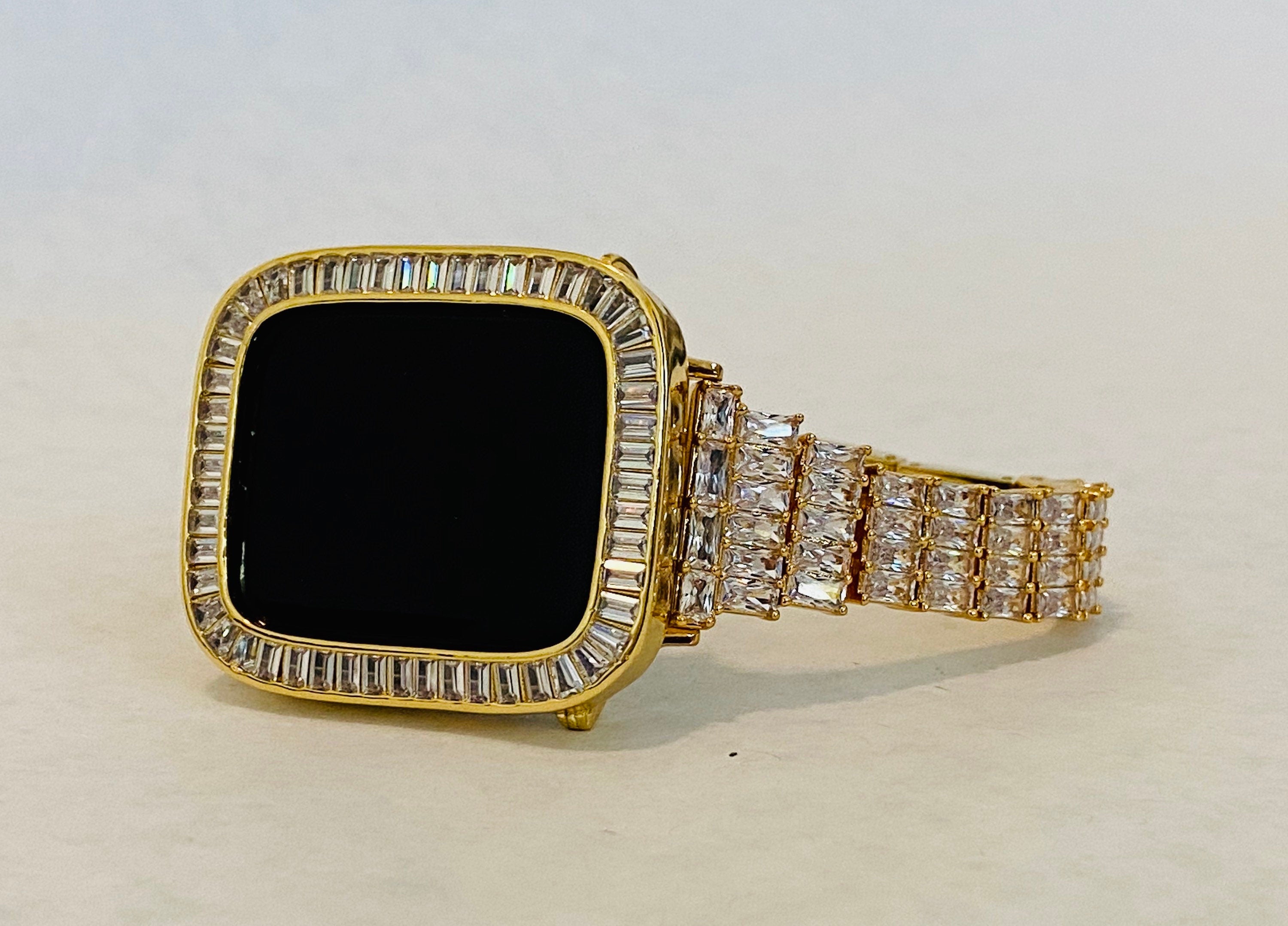 Gold Apple Watch Band Women 38 40 41 42 44 45mm Crystals & or Bezel Cover Lab Diamonds Series 2-9 SE