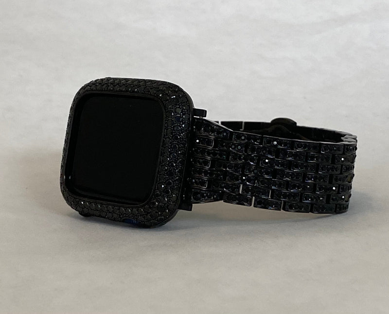 41mm 45mm Series 7 Black on Black Apple Watch Band & or Lab Diamond Apple Watch Bezel Cover for Smartwatch Bling