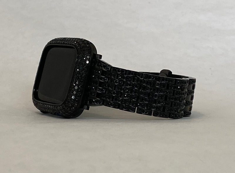 41mm 45mm Series 7 Black on Black Apple Watch Band & or Lab Diamond Apple Watch Bezel Cover for Smartwatch Bling