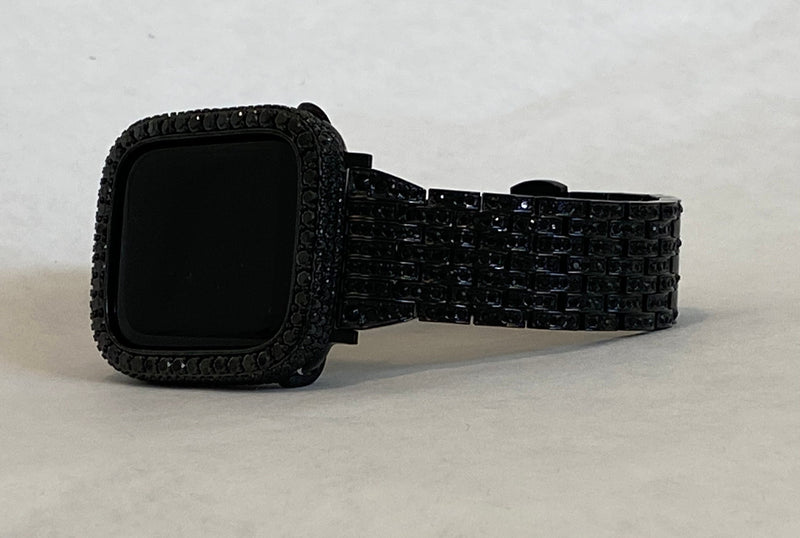 Black Apple Watch Band 49mm Ultra 41mm 45mm Crystals & or Apple Watch Cover Lab Diamond Bezel 38mm-49mm Smartwatch Bumper Bling