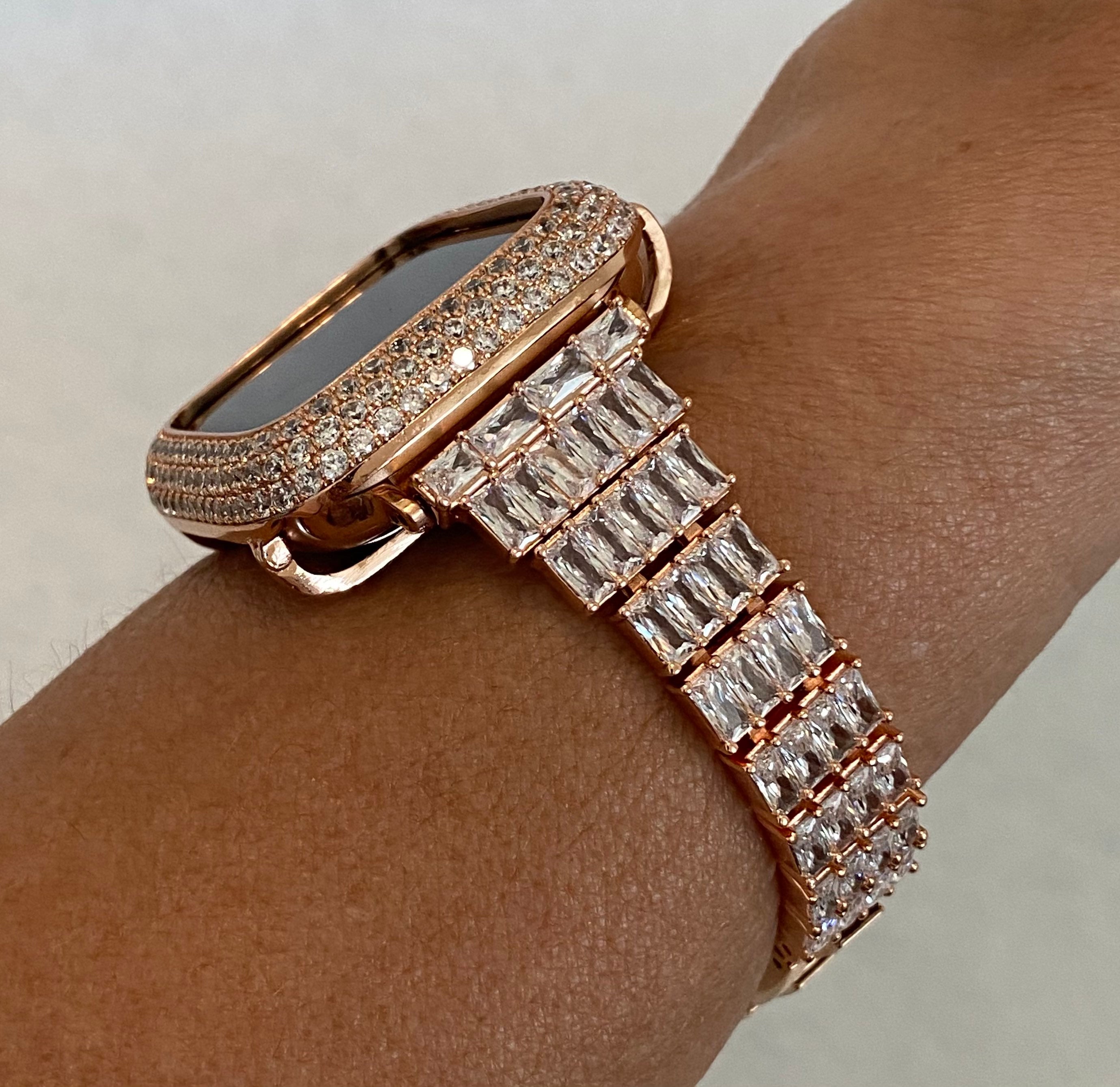 Rose Gold Apple Watch Band Swarovski Crystal Baguettes 38mm-49mm Ultra & or Apple Watch Cover Lab Diamond Bezel Case Smartwatch Bumper Bling