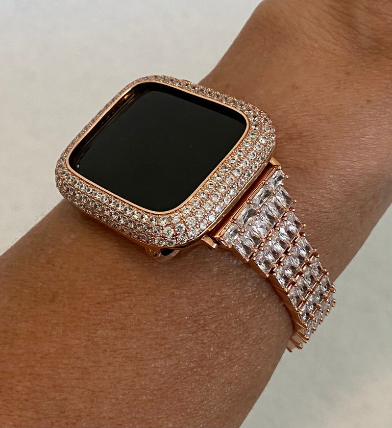 Rose Gold Apple Watch Band Swarovski Crystal Baguettes 38mm-49mm Ultra & or Apple Watch Cover Lab Diamond Bezel Case Smartwatch Bumper Bling