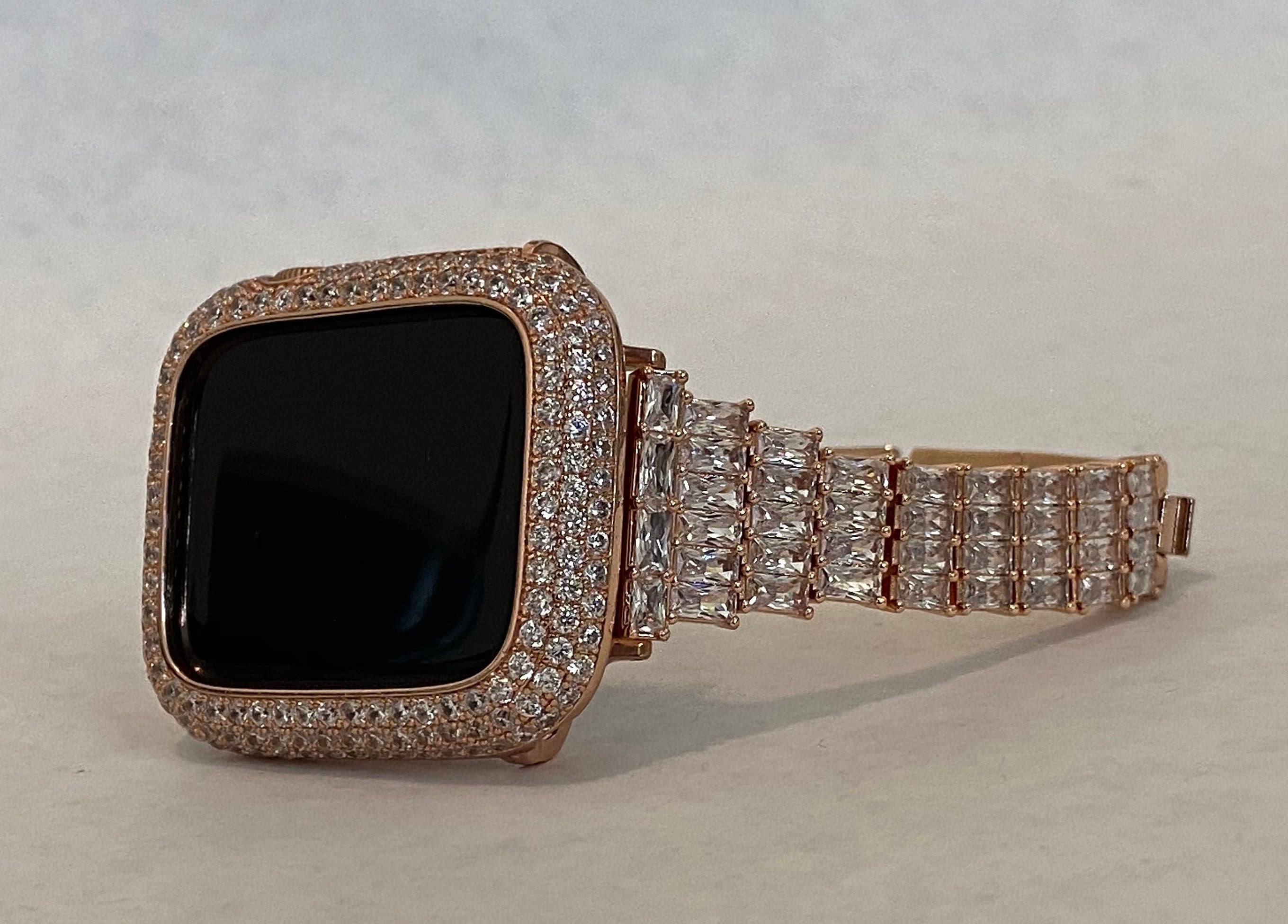 Rose Gold Apple Watch Band Swarovski Crystal Baguettes 38mm-49mm Ultra & or Apple Watch Cover Lab Diamond Bezel Case Smartwatch Bumper Bling