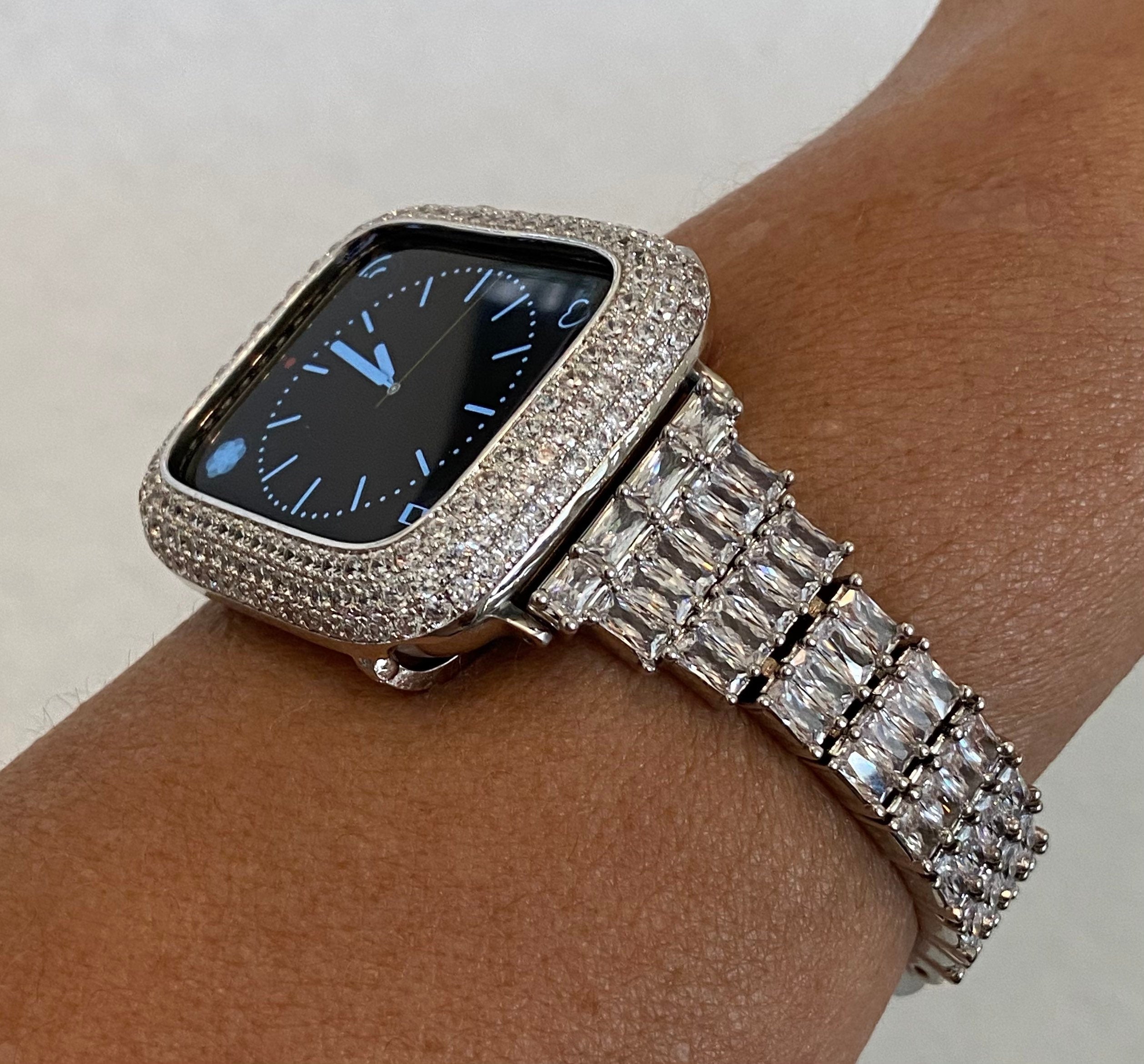 Bling Apple Watch Band Women Silver 41mm 45mm 49mm Ultra Swarovski Crystal & or Apple Watch Case Lab Diamond Bezel Cover Iwatch Candy