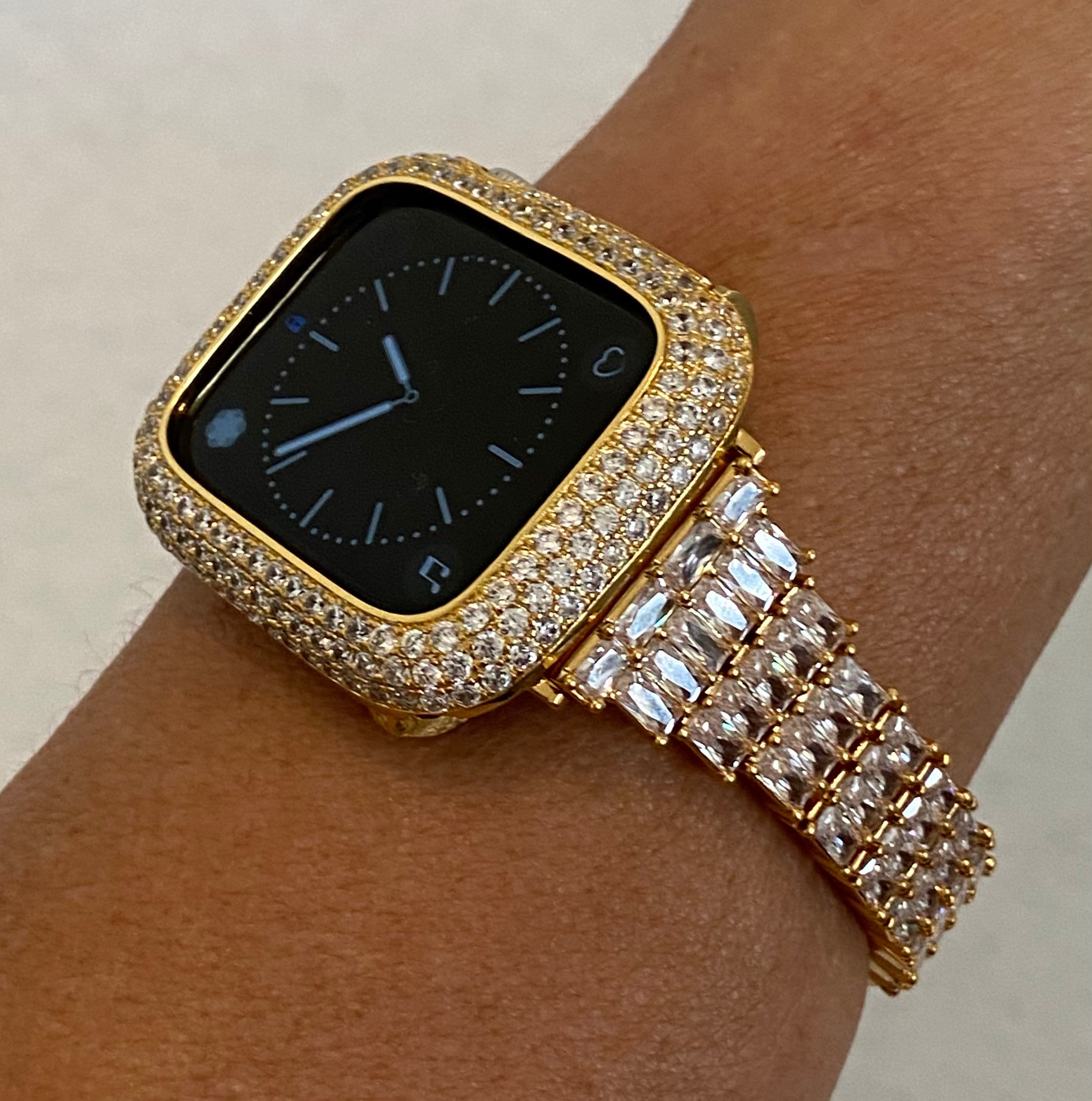 Bling Apple Watch Band Gold Women Crystal 41mm 45mm 49mm Ultra & or Apple Watch Case Lab Diamond Bezel Apple Watch Cover Bling