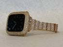 Custom Gold Apple Watch Band Womens style with Large Baguette Swarovski Crystals or Apple Watch Case with pave Lab Diamonds from Iwatch Candy in sizes 38mm-49mm