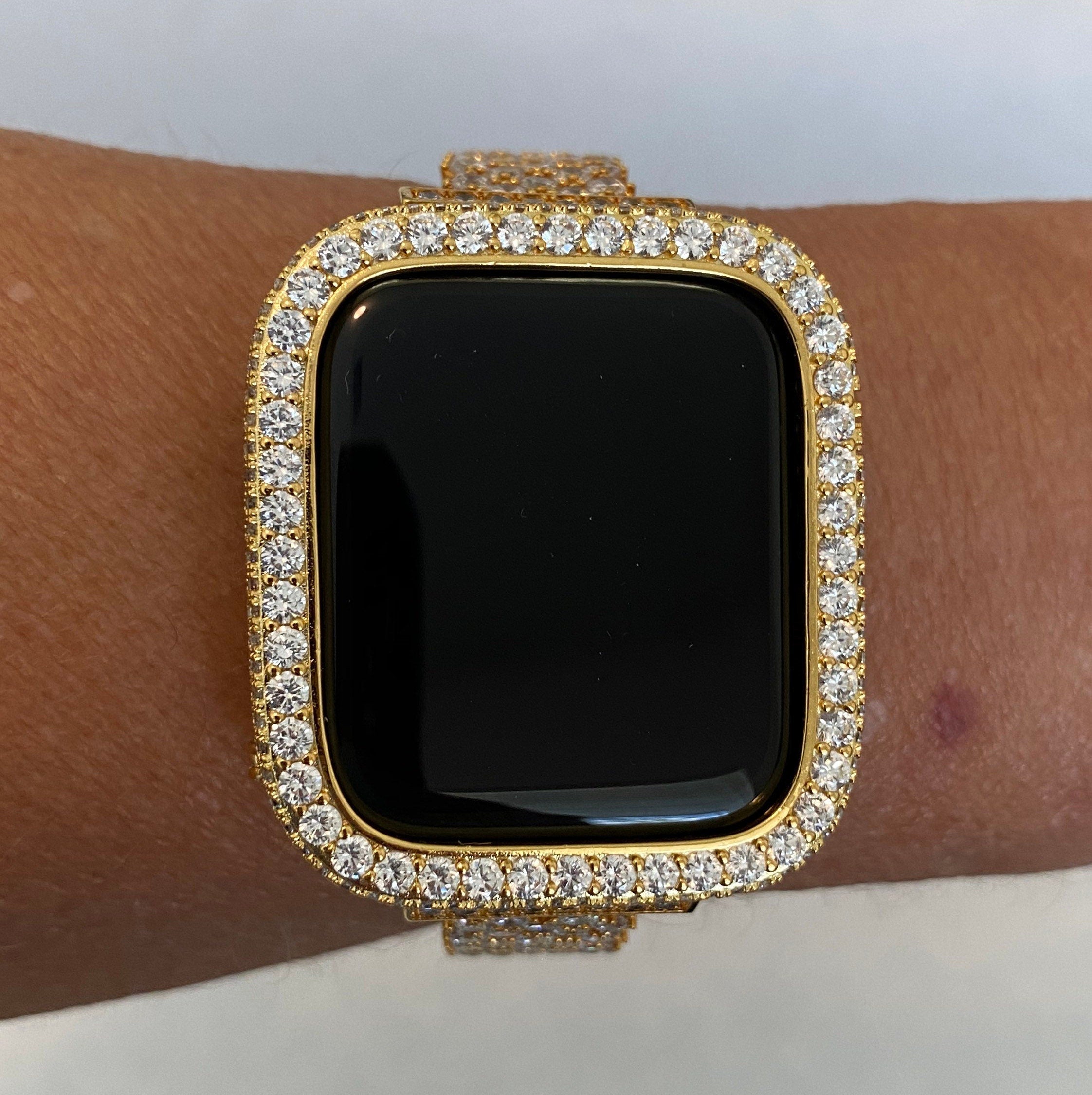 Apple Watch Cover Gold Lab Diamond Bezel Case Smartwatch Bumper Bling 38mm 40mm 41mm 42mm 44mm 45mm 49mm Ultra Series 1,2,3,4,5,6,7,8 SE