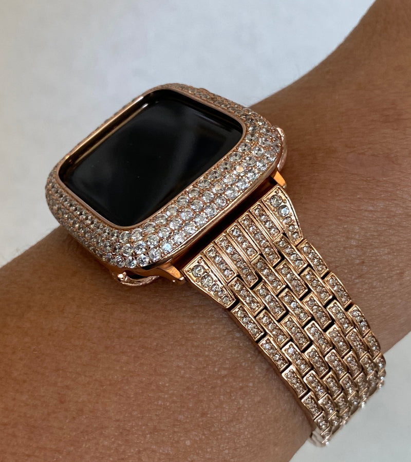 Series 7-8 41mm 45mm Apple Watch Band Crystals & or Rose Gold Lab Diamond Bezel Smartwatch Bumper Bling 38mm-45mm