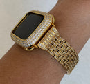 Iced Out Gold Apple Watch Band 38mm 40mm 42mm 44mm and or Apple Watch Bezel Lab Diamond Cover Iwatch Bling 41mm 45mm Series 7,8