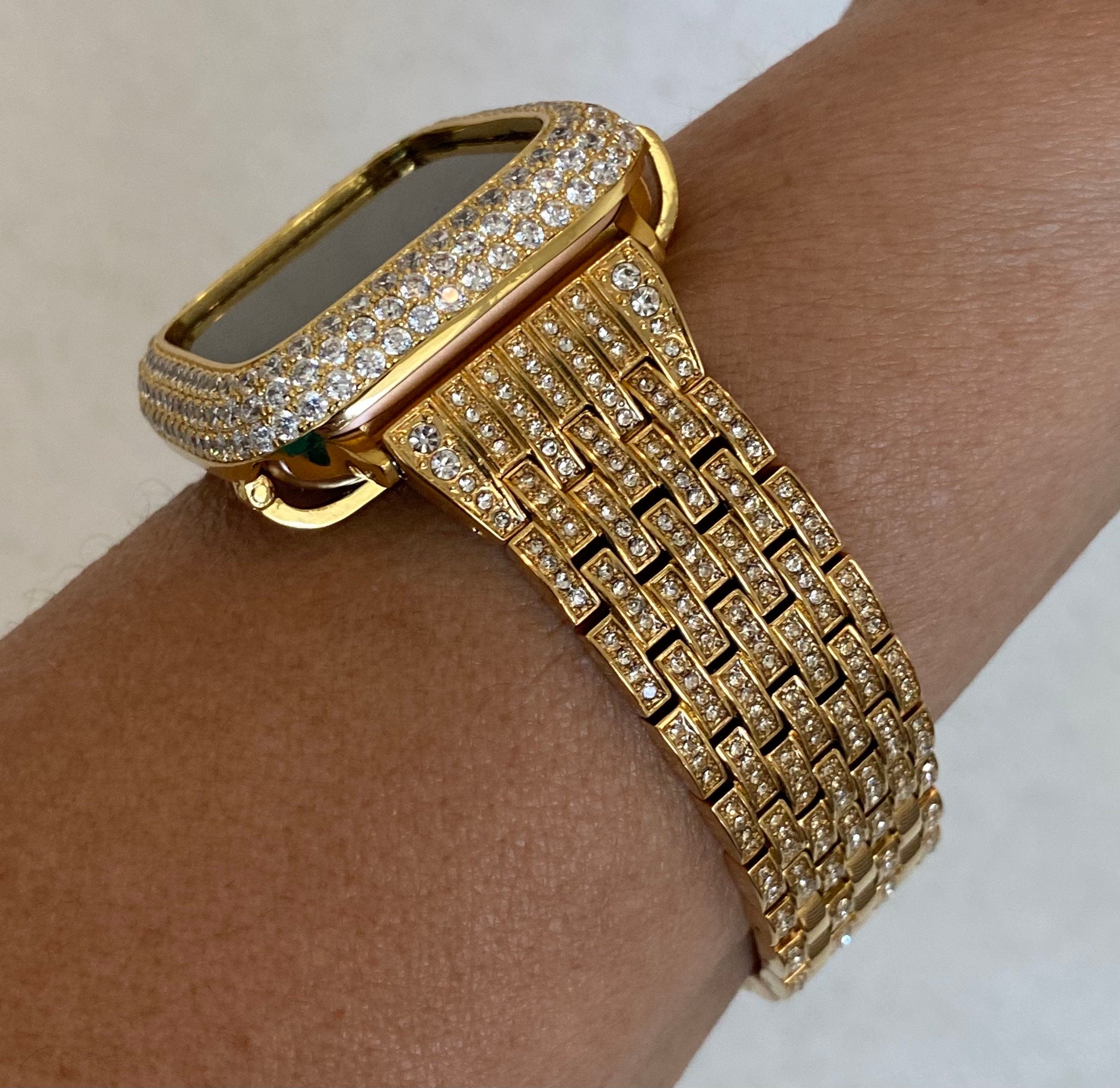 Iced Out Gold Apple Watch Band 41mm 45mm 49mm Ultra Crystal & or Lab Diamond Bumper Bezel Cover Smartwatch Bumper Bling Series 1-8 SE