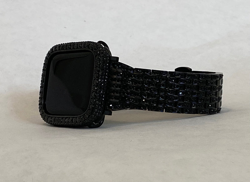 Black Apple Watch Band 49mm Ultra 41mm 45mm Crystals & or Apple Watch Cover Lab Diamond Bezel 38mm-49mm Smartwatch Bumper Bling