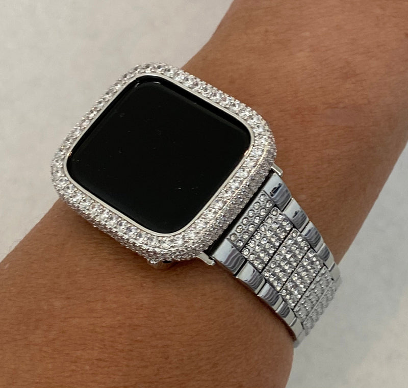 Custom Apple Watch Band Womens Mens Style Silver with Swarovski Crystals & or Apple Watch Case Cover with Lab Diamonds